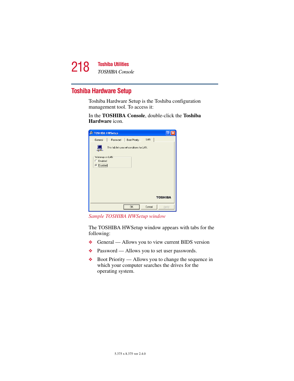 Toshiba hardware setup, Toshiba | Toshiba Satellite 5205 Series User Manual | Page 218 / 312