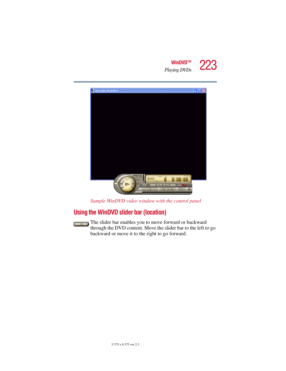 Using the windvd slider bar (location) | Toshiba Satellite 5205 Series User Manual | Page 223 / 312