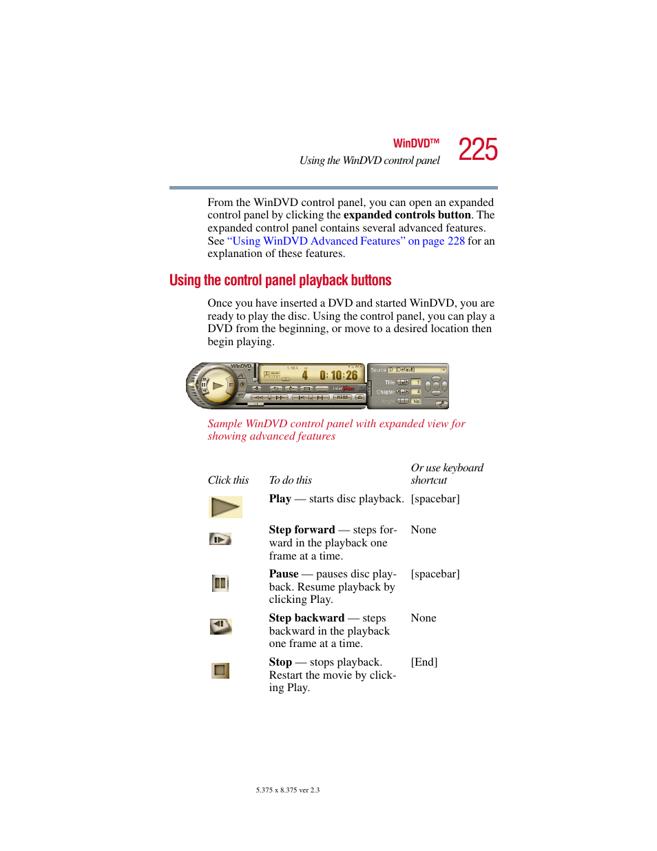 Using the control panel playback buttons | Toshiba Satellite 5205 Series User Manual | Page 225 / 312