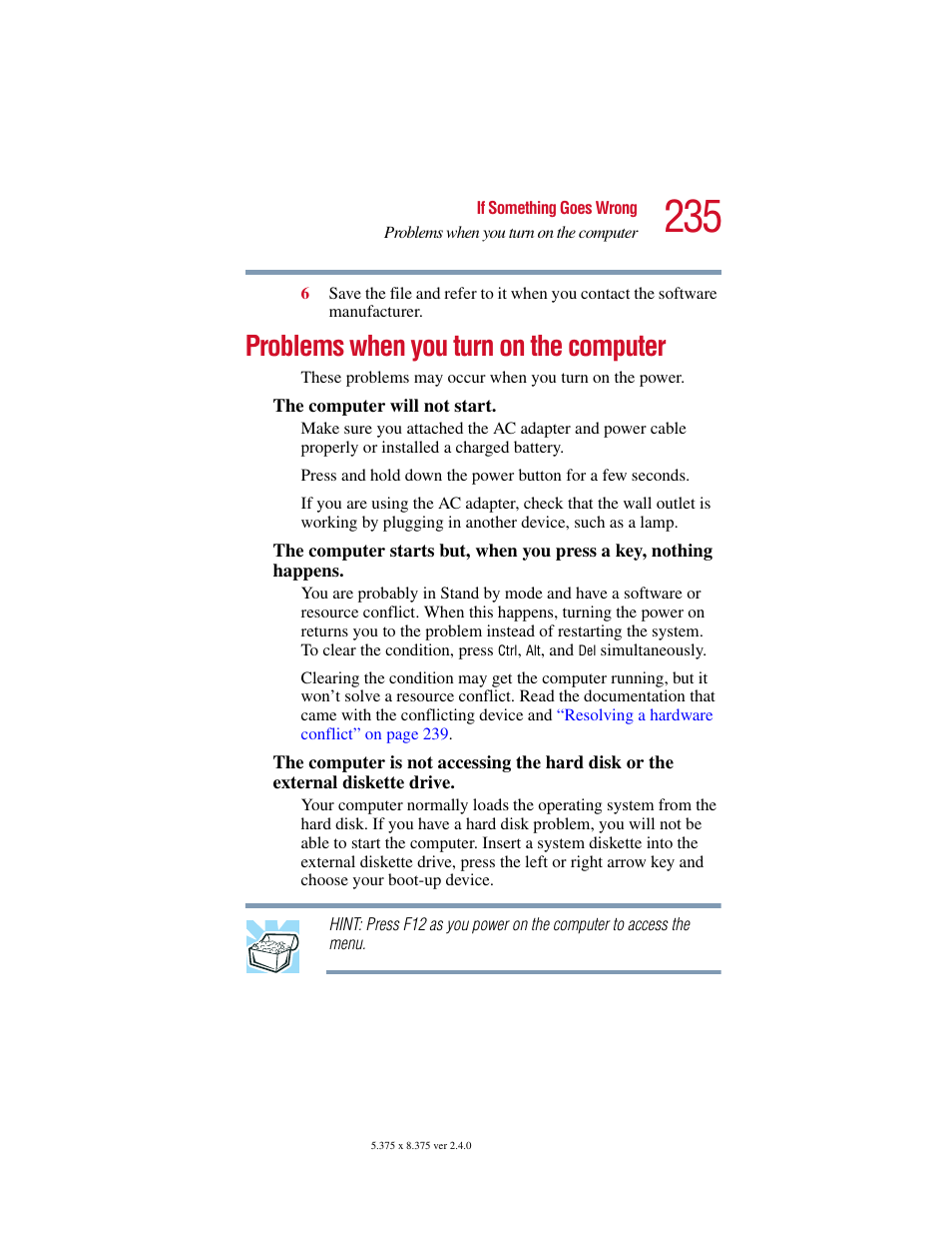 Problems when you turn on the computer | Toshiba Satellite 5205 Series User Manual | Page 235 / 312