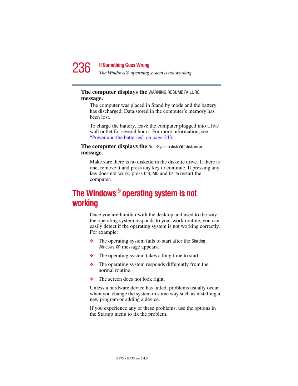 The windows® operating system is not working, The windows, Operating system is not working | Toshiba Satellite 5205 Series User Manual | Page 236 / 312