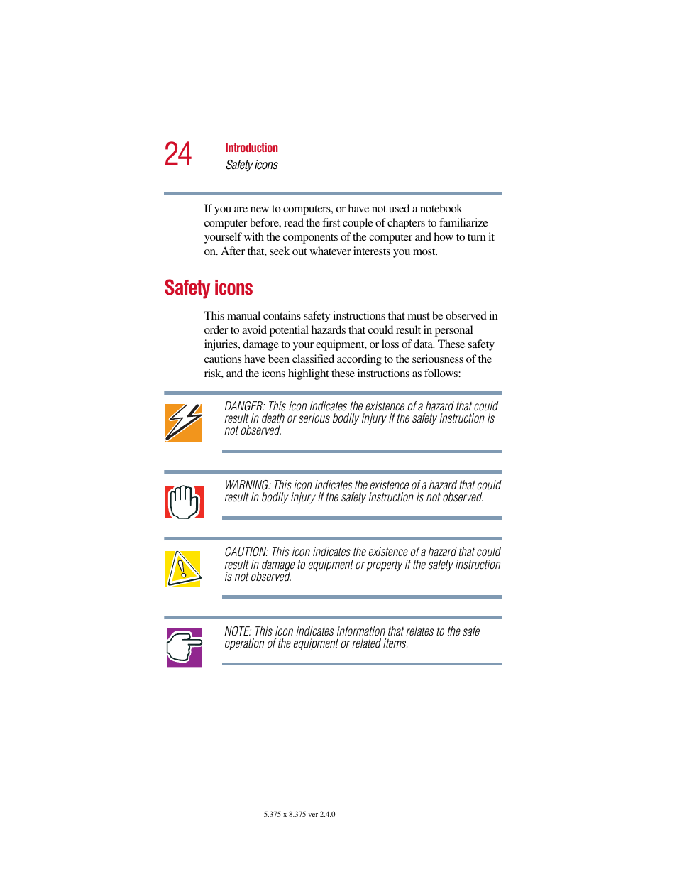 Safety icons | Toshiba Satellite 5205 Series User Manual | Page 24 / 312