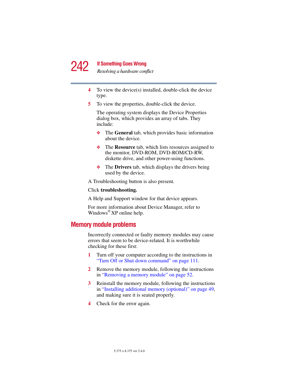 Memory module problems | Toshiba Satellite 5205 Series User Manual | Page 242 / 312