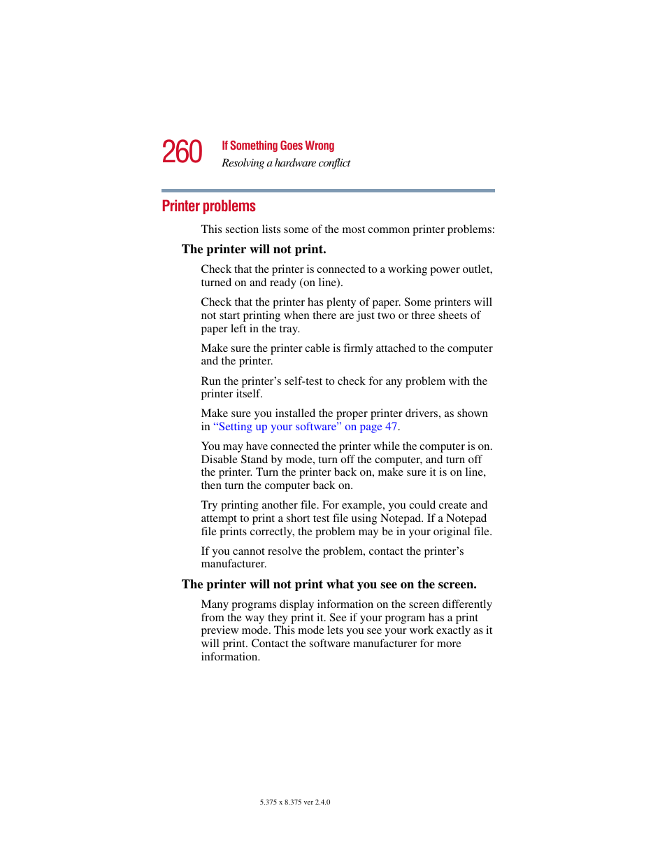 Printer problems | Toshiba Satellite 5205 Series User Manual | Page 260 / 312