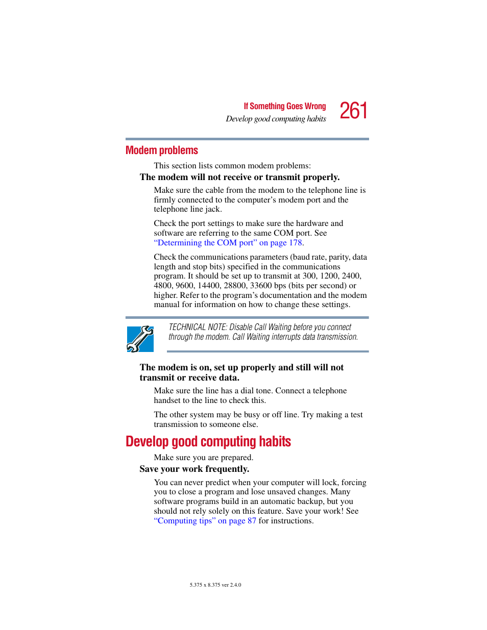 Modem problems, Develop good computing habits | Toshiba Satellite 5205 Series User Manual | Page 261 / 312