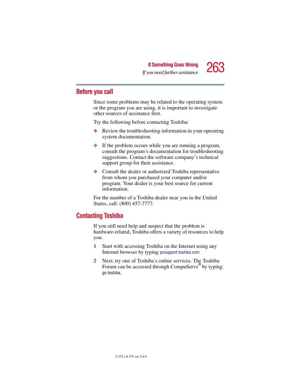 Before you call, Contacting toshiba, Before you call contacting toshiba | Toshiba Satellite 5205 Series User Manual | Page 263 / 312