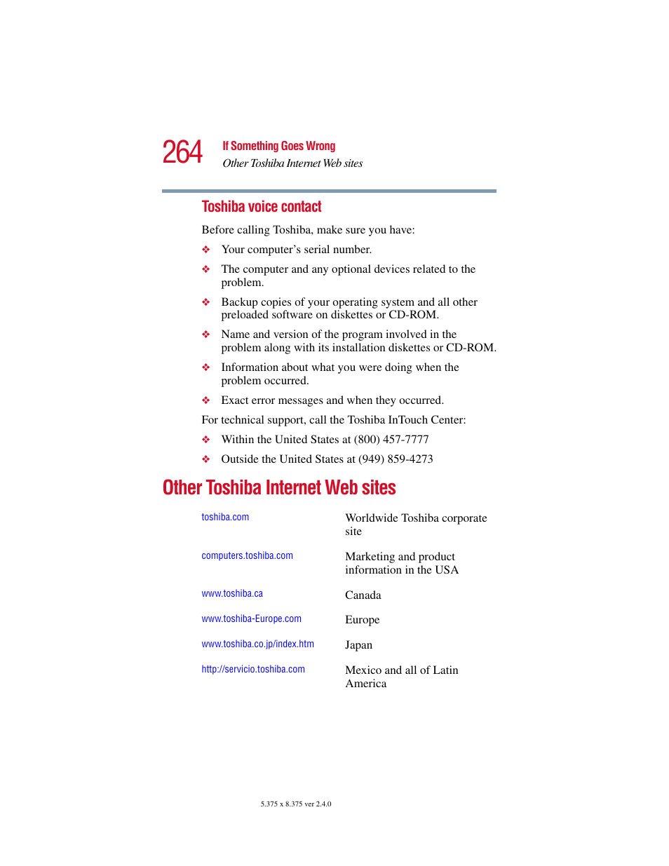 Other toshiba internet web sites, Toshiba voice contact | Toshiba Satellite 5205 Series User Manual | Page 264 / 312