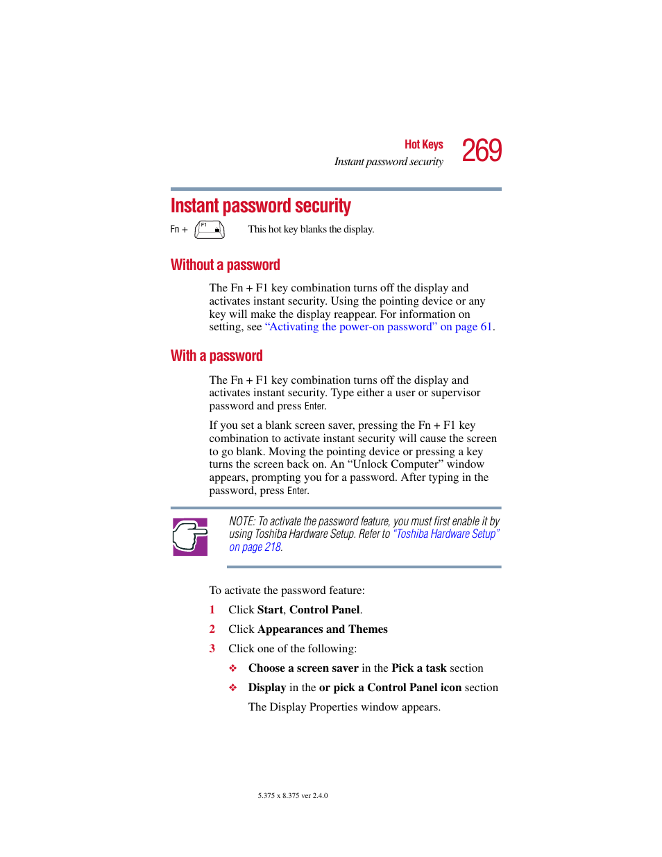 Instant password security, Without a password, With a password | Without a password with a password | Toshiba Satellite 5205 Series User Manual | Page 269 / 312