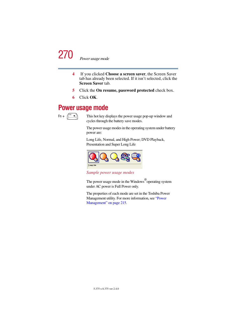 Power usage mode | Toshiba Satellite 5205 Series User Manual | Page 270 / 312