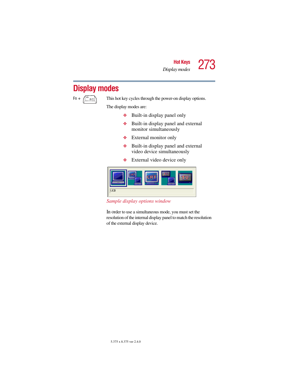 Display modes | Toshiba Satellite 5205 Series User Manual | Page 273 / 312