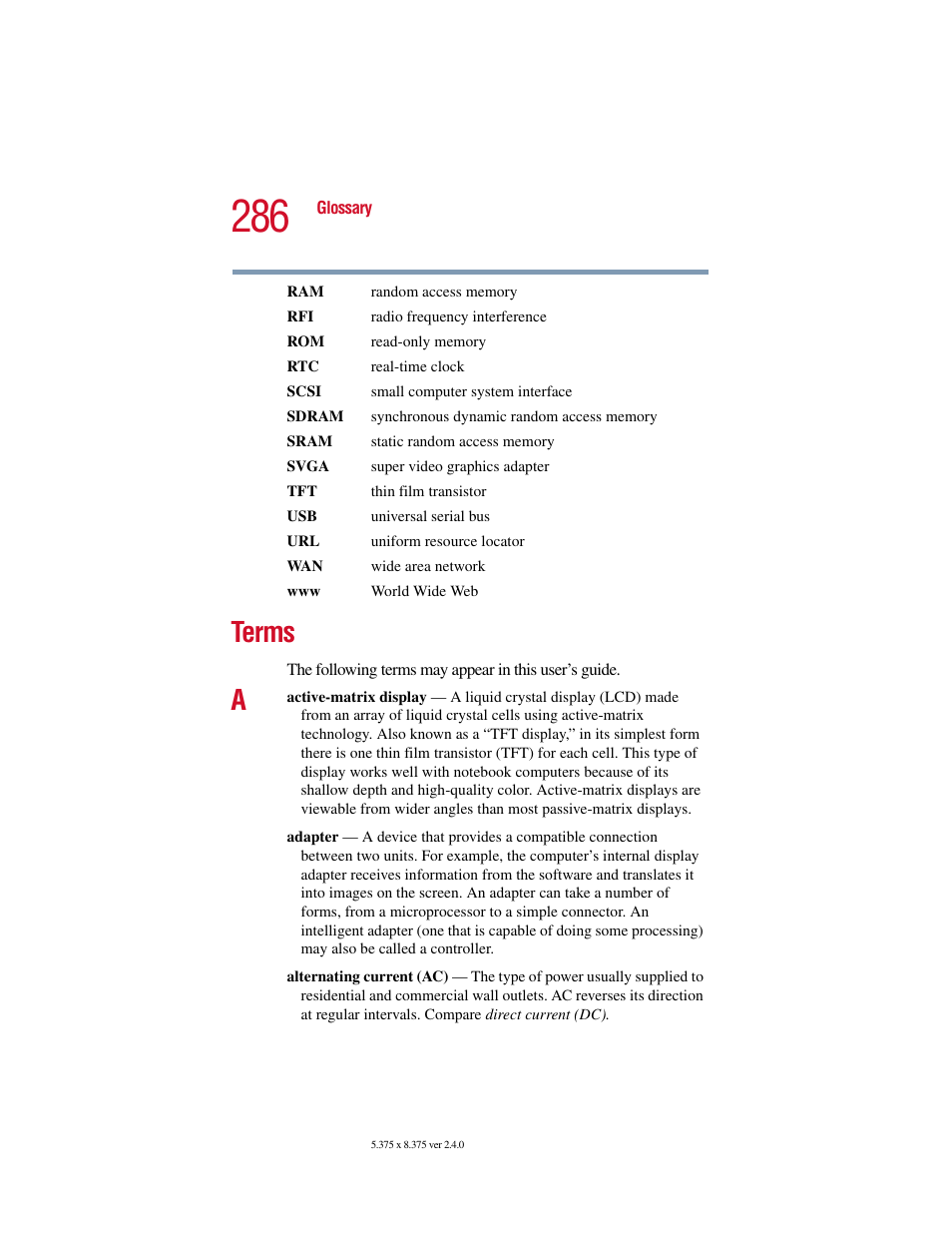 Terms | Toshiba Satellite 5205 Series User Manual | Page 286 / 312