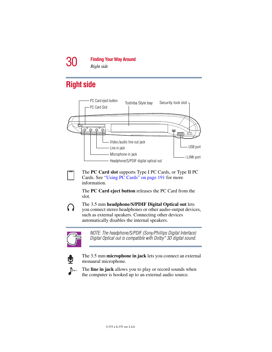 Right side | Toshiba Satellite 5205 Series User Manual | Page 30 / 312