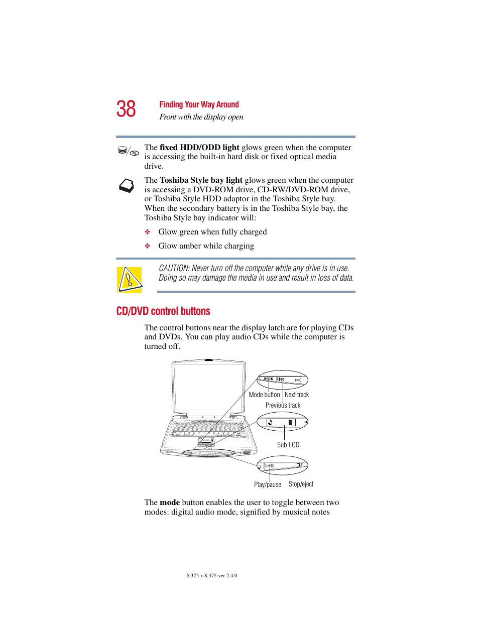 Cd/dvd control buttons | Toshiba Satellite 5205 Series User Manual | Page 38 / 312