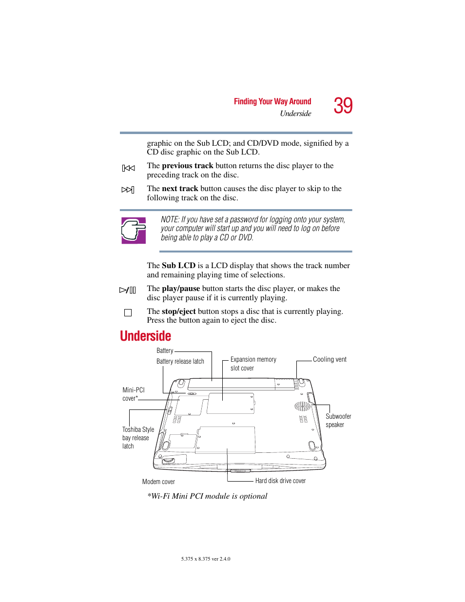 Underside | Toshiba Satellite 5205 Series User Manual | Page 39 / 312
