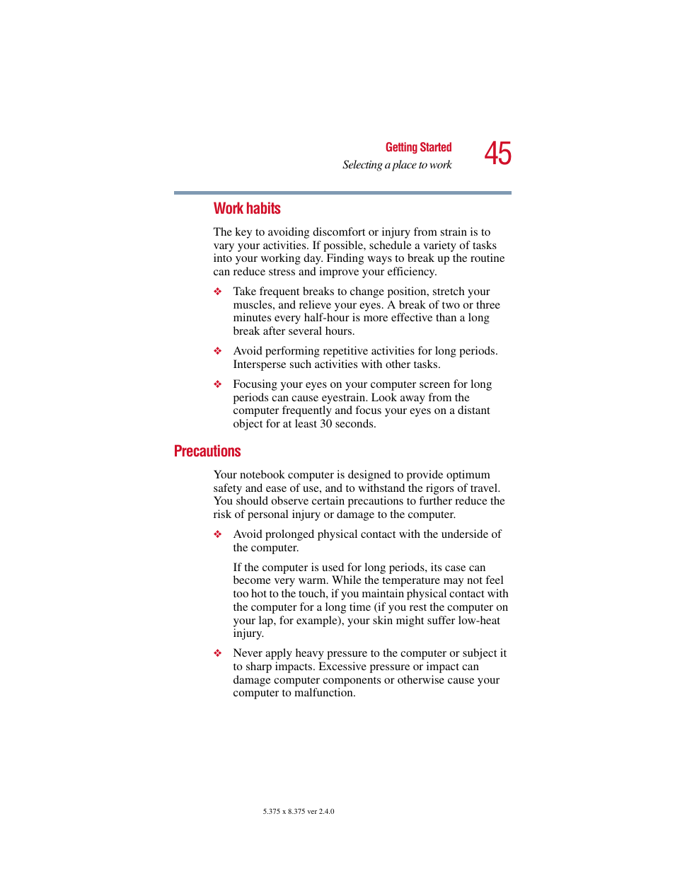 Precautions | Toshiba Satellite 5205 Series User Manual | Page 45 / 312