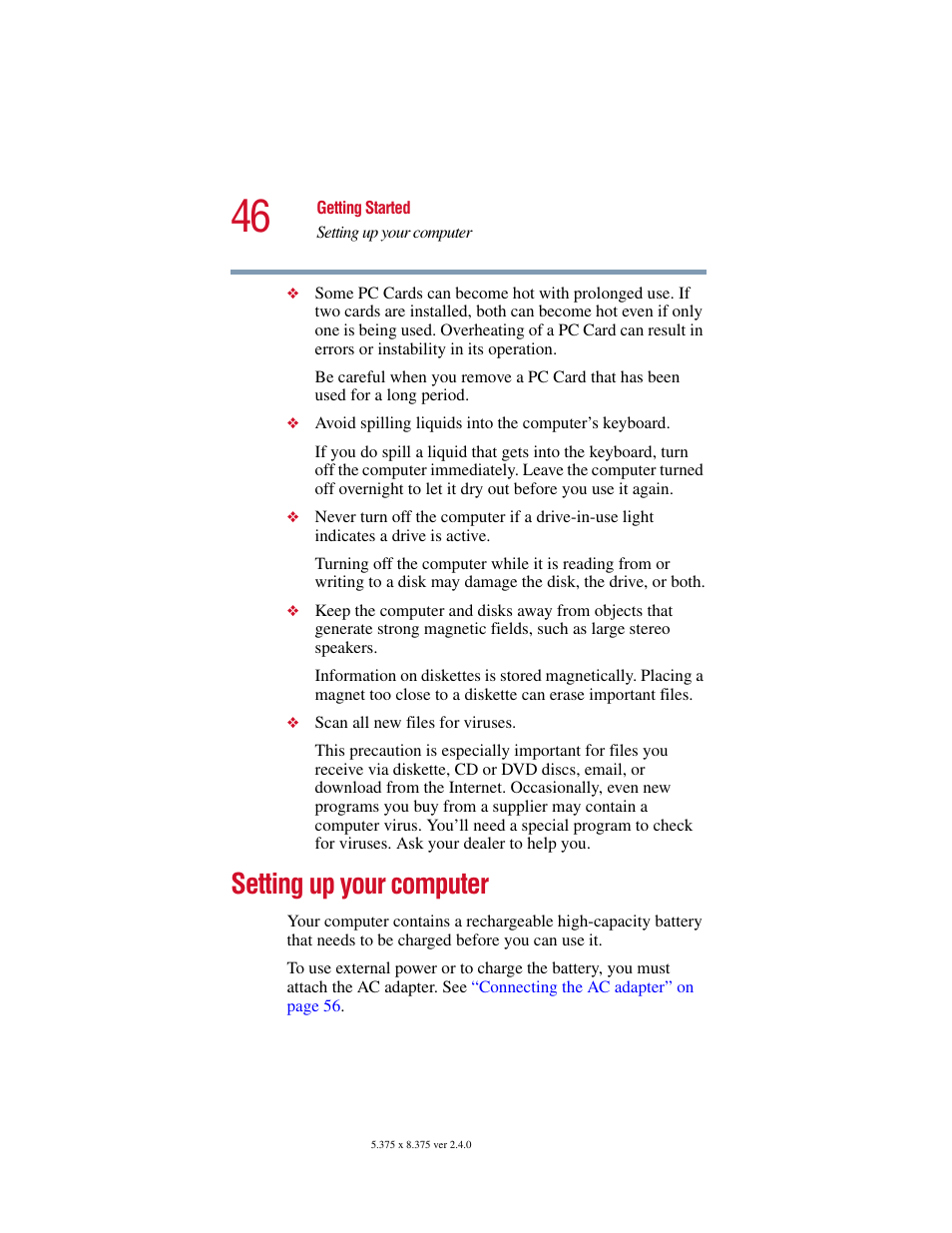 Setting up your computer | Toshiba Satellite 5205 Series User Manual | Page 46 / 312