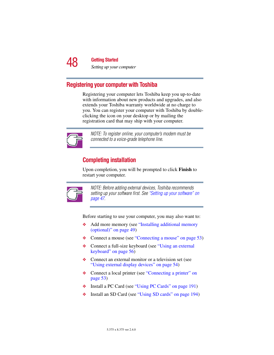 Registering your computer with toshiba, Completing installation | Toshiba Satellite 5205 Series User Manual | Page 48 / 312