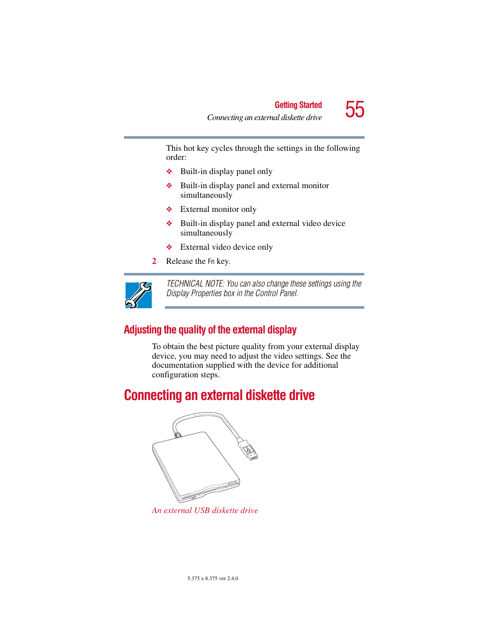 Adjusting the quality of the external display, Connecting an external diskette drive | Toshiba Satellite 5205 Series User Manual | Page 55 / 312