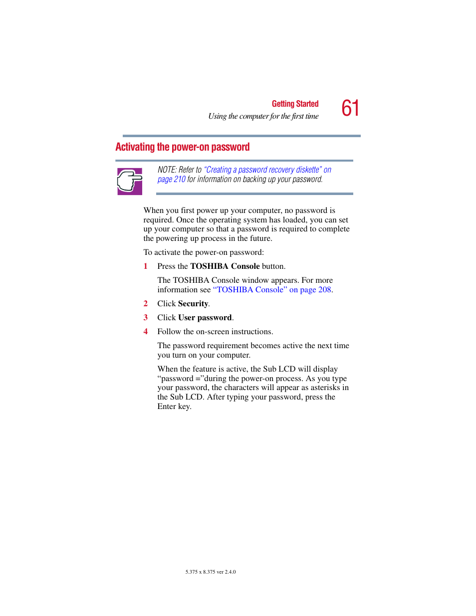 Activating the power-on password | Toshiba Satellite 5205 Series User Manual | Page 61 / 312