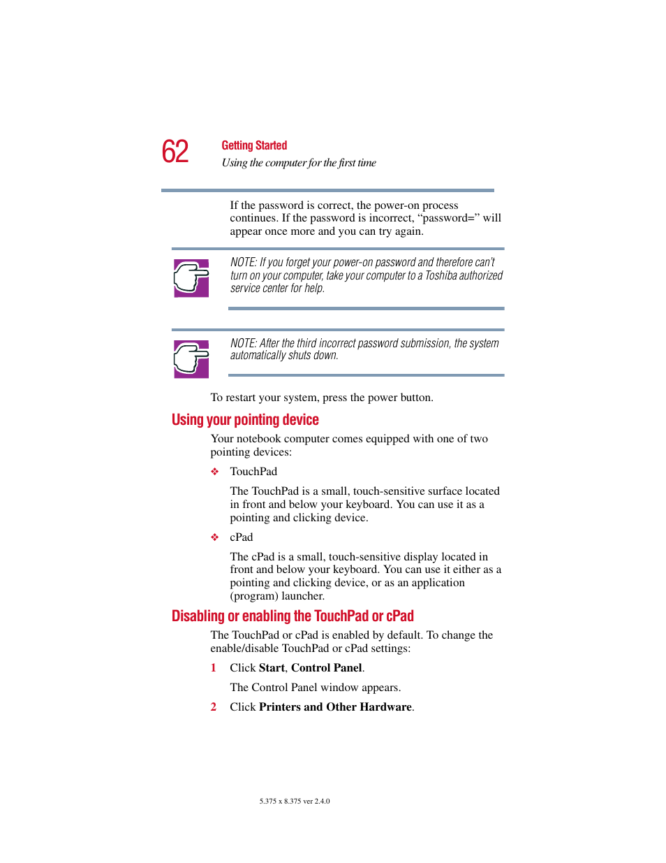 Using your pointing device, Disabling or enabling the touchpad or cpad | Toshiba Satellite 5205 Series User Manual | Page 62 / 312