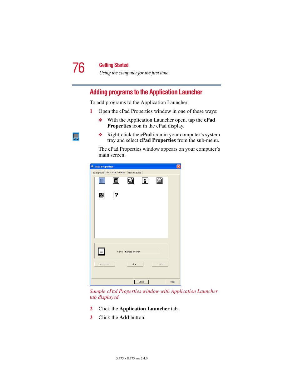 Adding programs to the application | Toshiba Satellite 5205 Series User Manual | Page 76 / 312