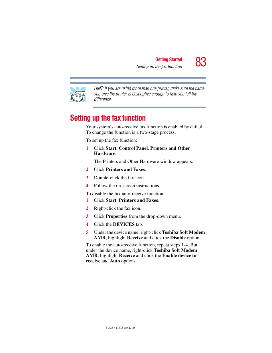 Setting up the fax function | Toshiba Satellite 5205 Series User Manual | Page 83 / 312