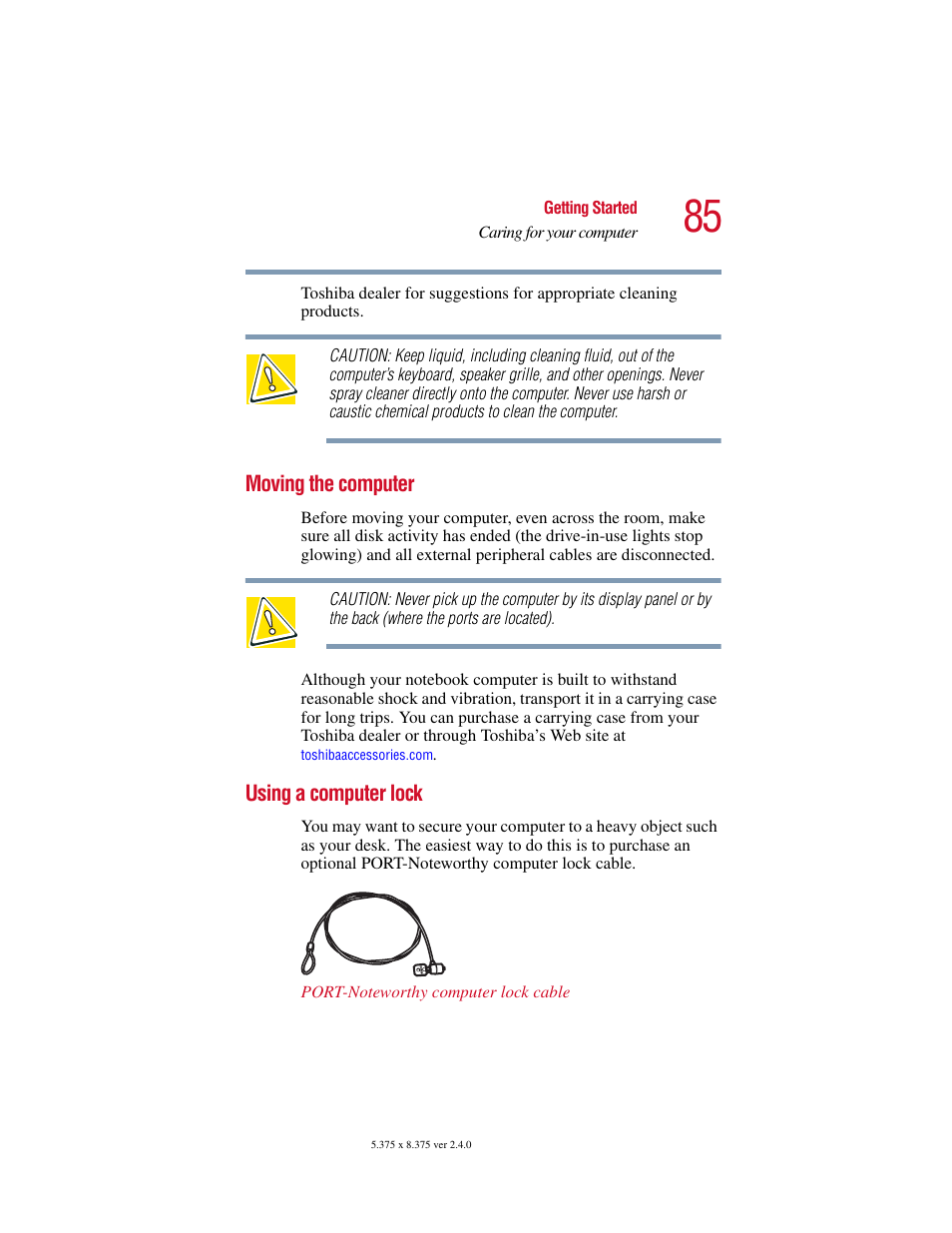 Moving the computer, Using a computer lock, Moving the computer using a computer lock | Toshiba Satellite 5205 Series User Manual | Page 85 / 312