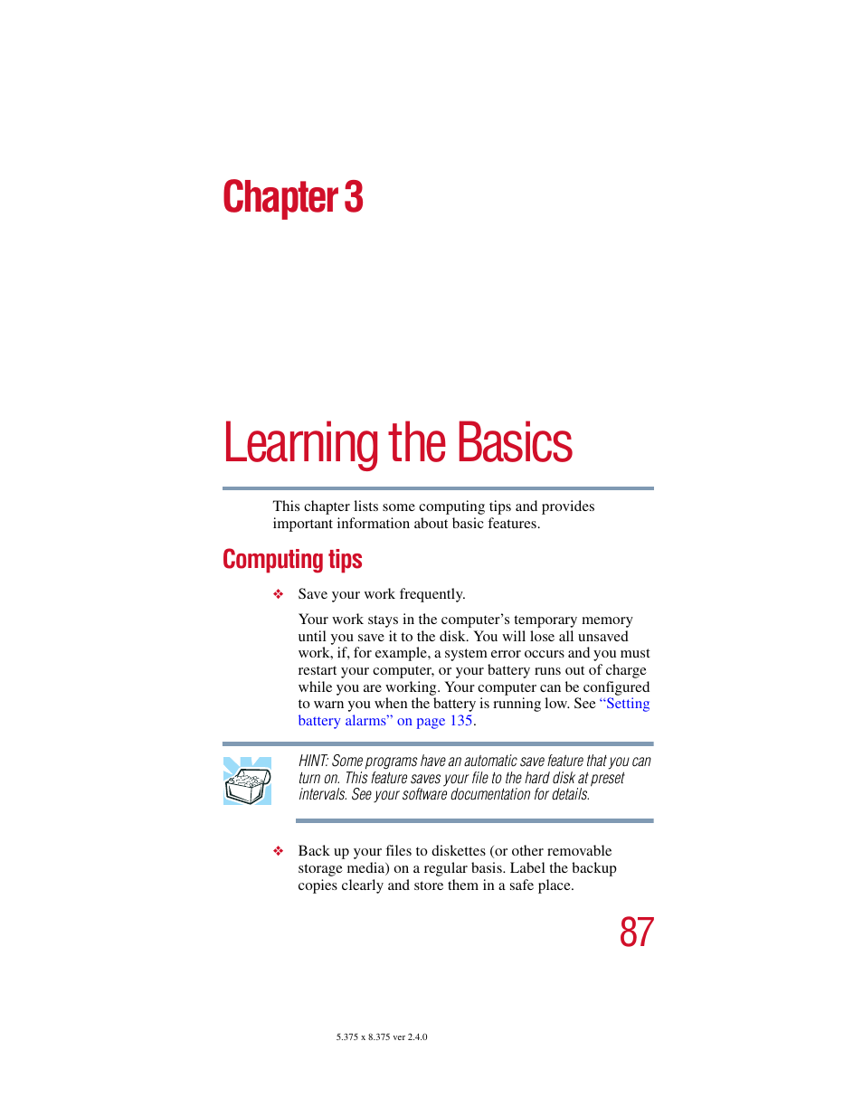 Chapter 3 - learning the basics, Computing tips, Chapter 3: learning the basics | Learning the basics, Chapter 3 | Toshiba Satellite 5205 Series User Manual | Page 87 / 312