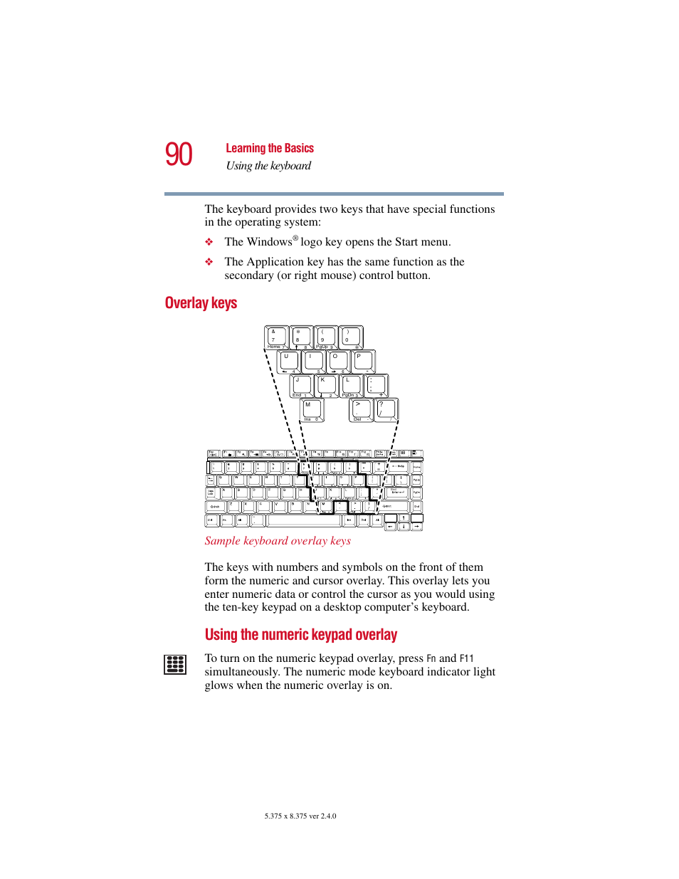 Overlay keys, Using the numeric keypad overlay, Learning the basics using the keyboard | The windows, Logo key opens the start menu | Toshiba Satellite 5205 Series User Manual | Page 90 / 312