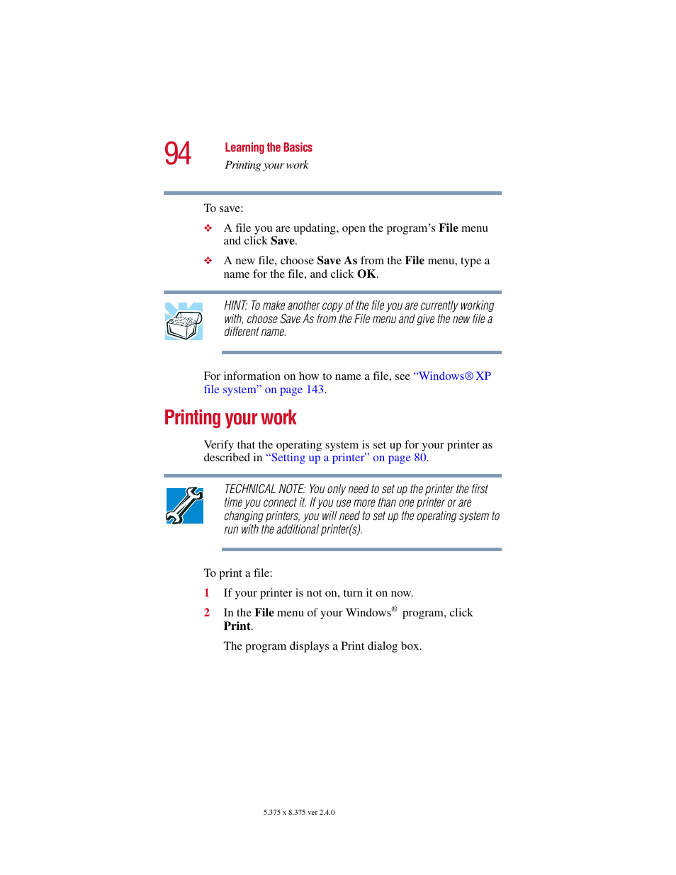 Printing your work | Toshiba Satellite 5205 Series User Manual | Page 94 / 312