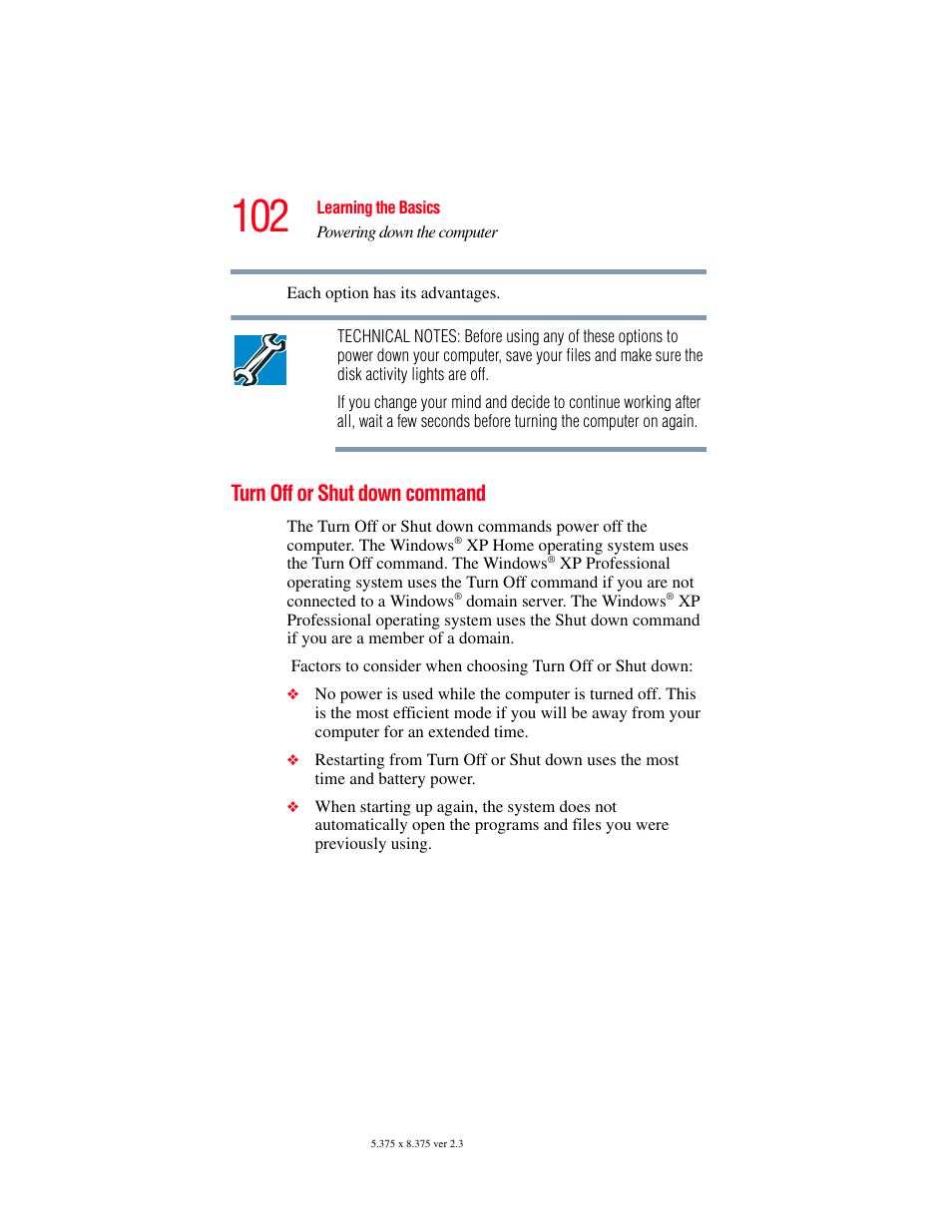 Turn off or shut down command, Turn off | Toshiba SATELLITE A60 User Manual | Page 102 / 242