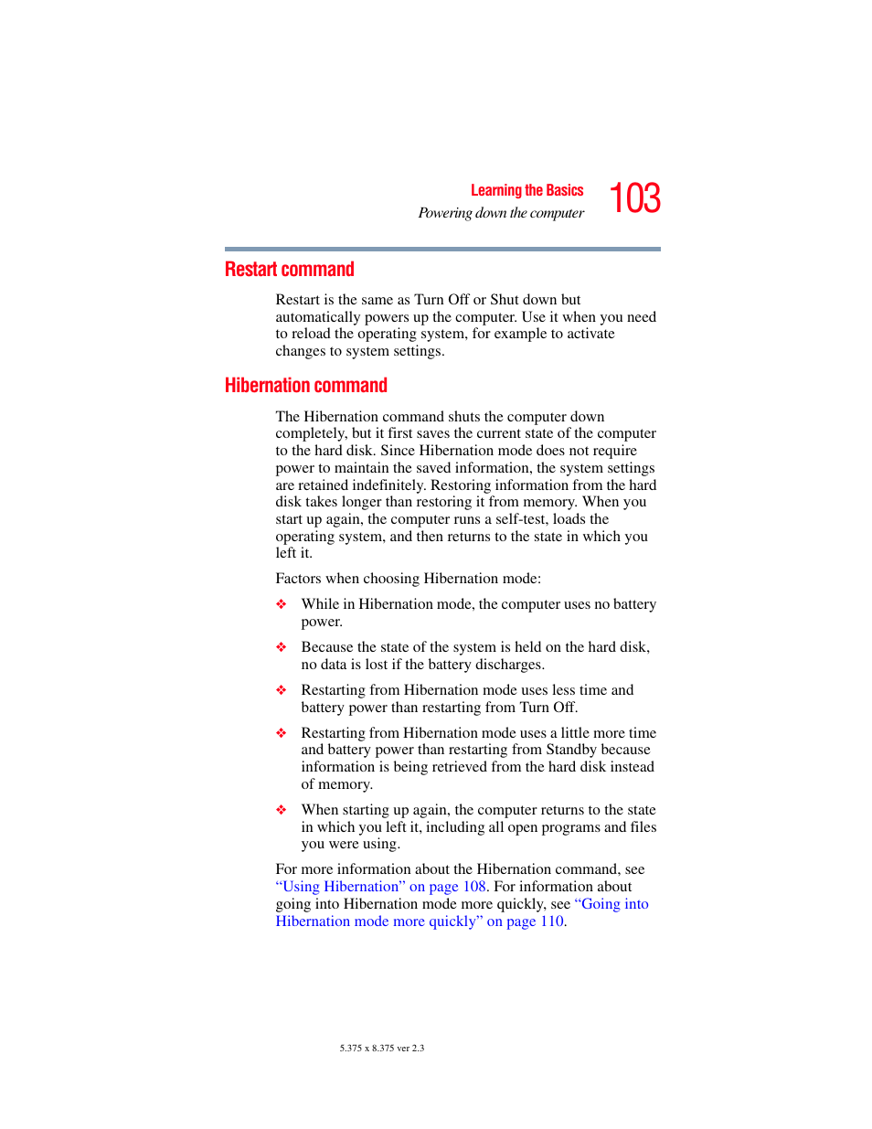 Restart command, Hibernation command, Restart command hibernation command | Toshiba SATELLITE A60 User Manual | Page 103 / 242