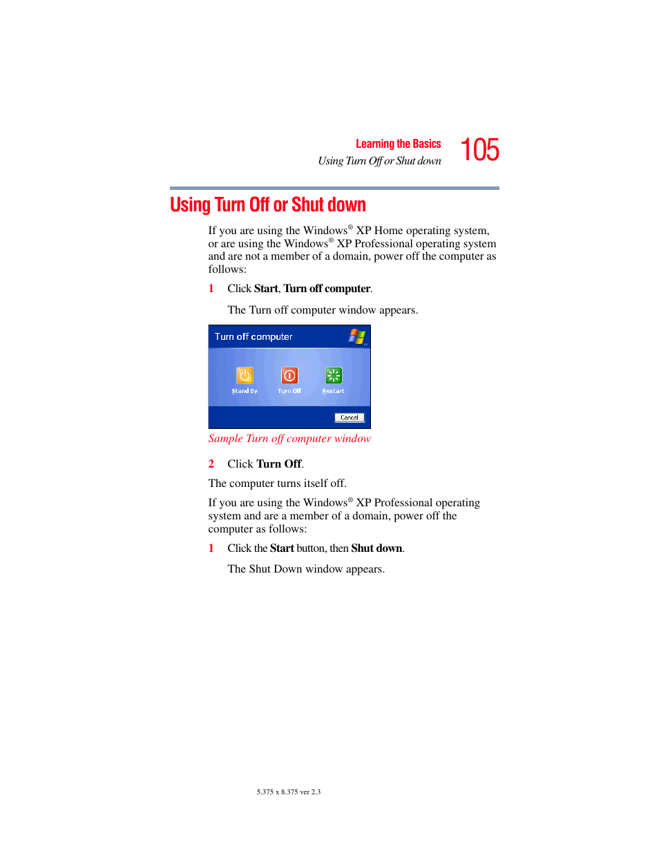 Using turn off or shut down | Toshiba SATELLITE A60 User Manual | Page 105 / 242