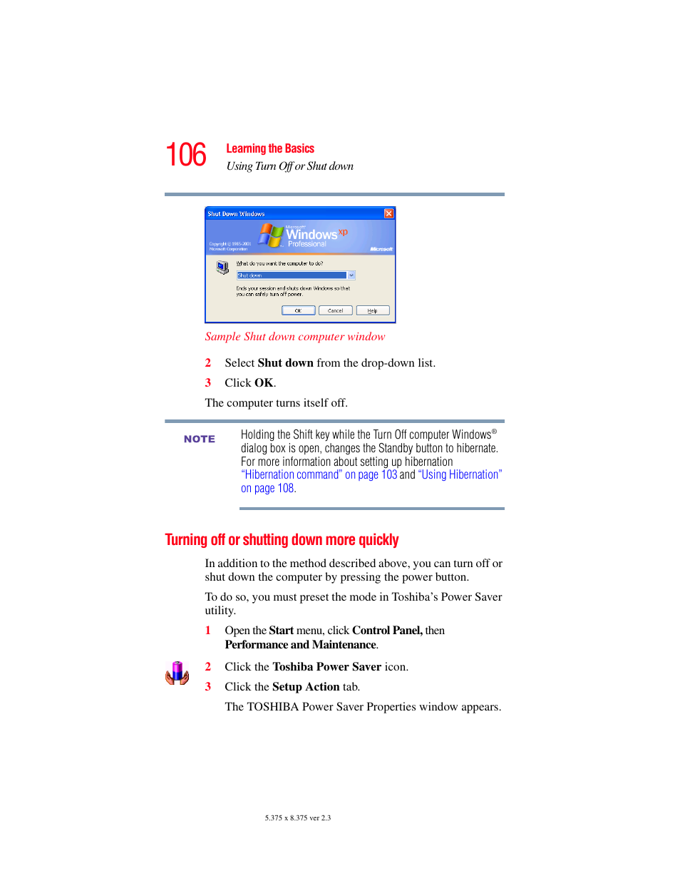 Turning off or shutting down more quickly | Toshiba SATELLITE A60 User Manual | Page 106 / 242