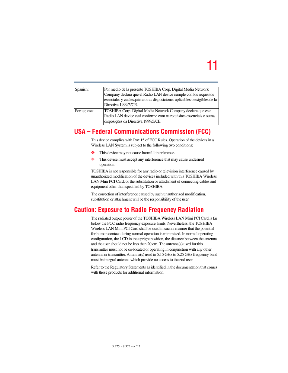 Usa – federal communications commission (fcc), Caution: exposure to radio frequency radiation | Toshiba SATELLITE A60 User Manual | Page 11 / 242