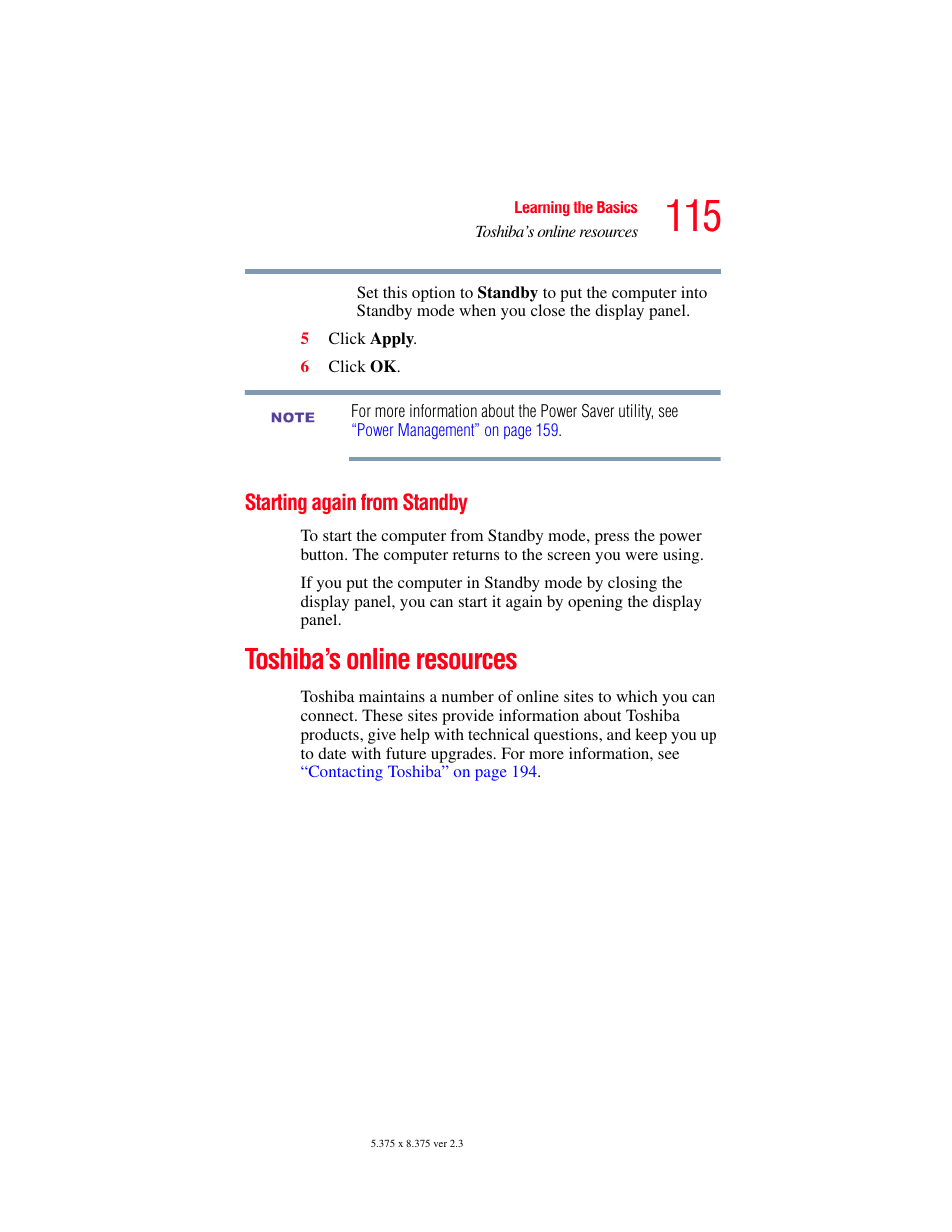Starting again from standby, Toshiba’s online resources | Toshiba SATELLITE A60 User Manual | Page 115 / 242