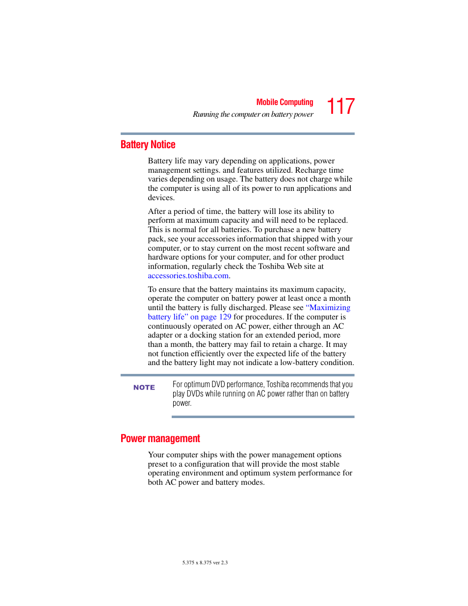 Battery notice, Power management, Battery notice power management | Toshiba SATELLITE A60 User Manual | Page 117 / 242