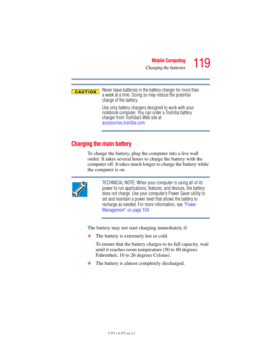 Charging the main battery | Toshiba SATELLITE A60 User Manual | Page 119 / 242