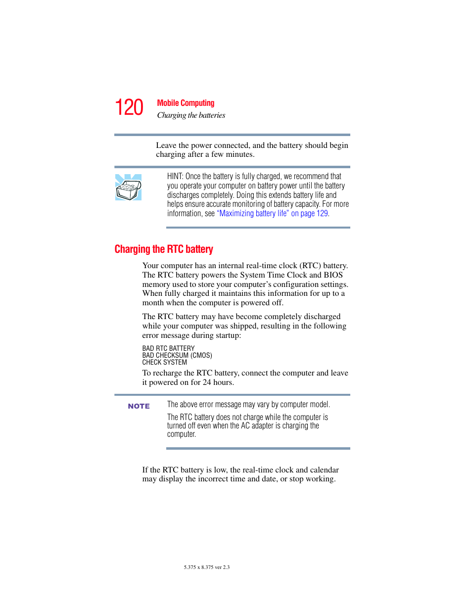 Charging the rtc battery | Toshiba SATELLITE A60 User Manual | Page 120 / 242