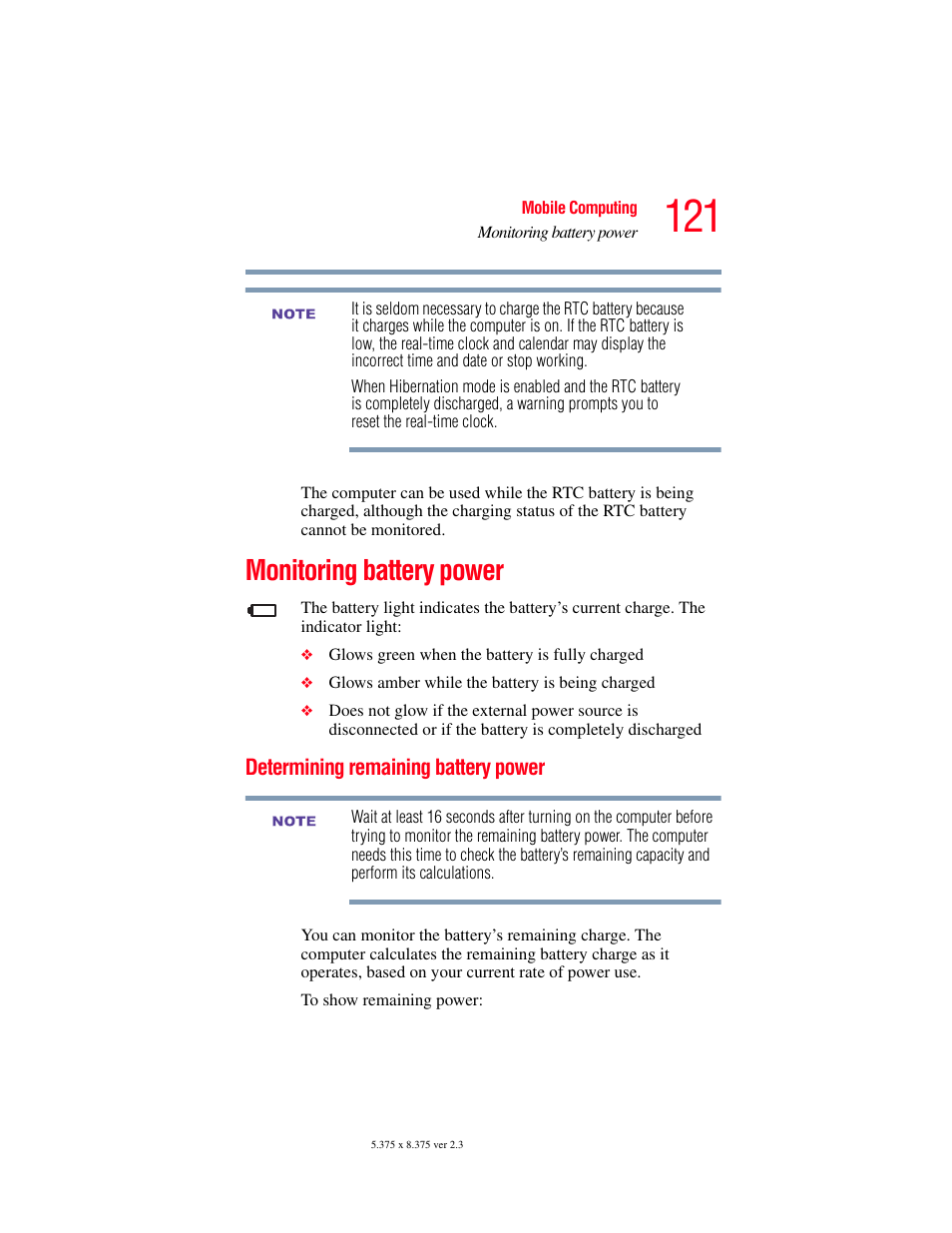 Monitoring battery power, Determining remaining battery power | Toshiba SATELLITE A60 User Manual | Page 121 / 242