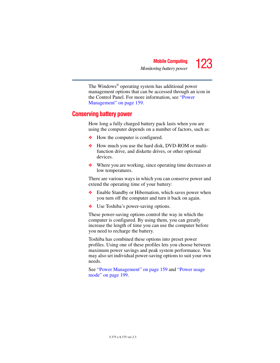 Conserving battery power | Toshiba SATELLITE A60 User Manual | Page 123 / 242