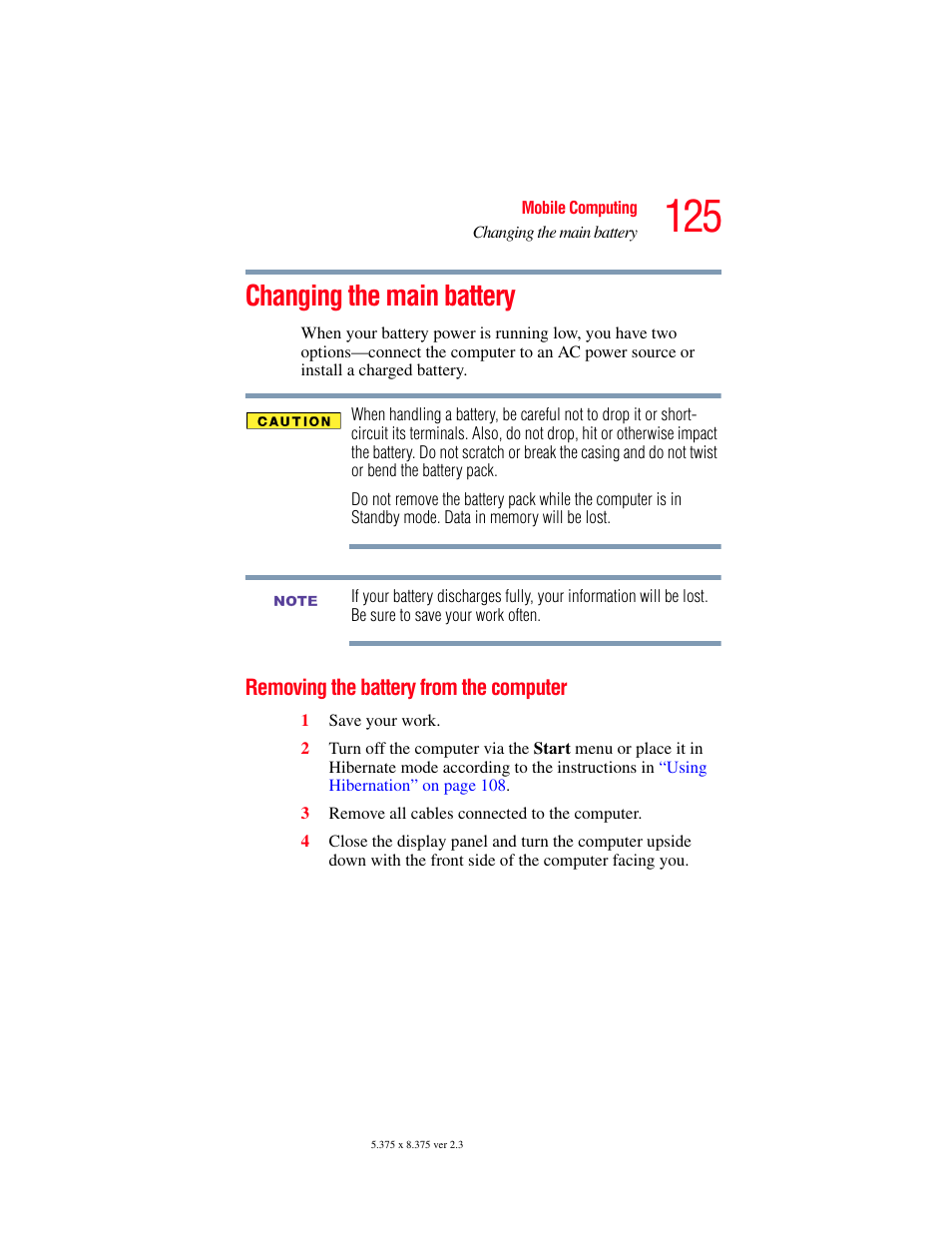 Changing the main battery, Removing the battery from the computer | Toshiba SATELLITE A60 User Manual | Page 125 / 242