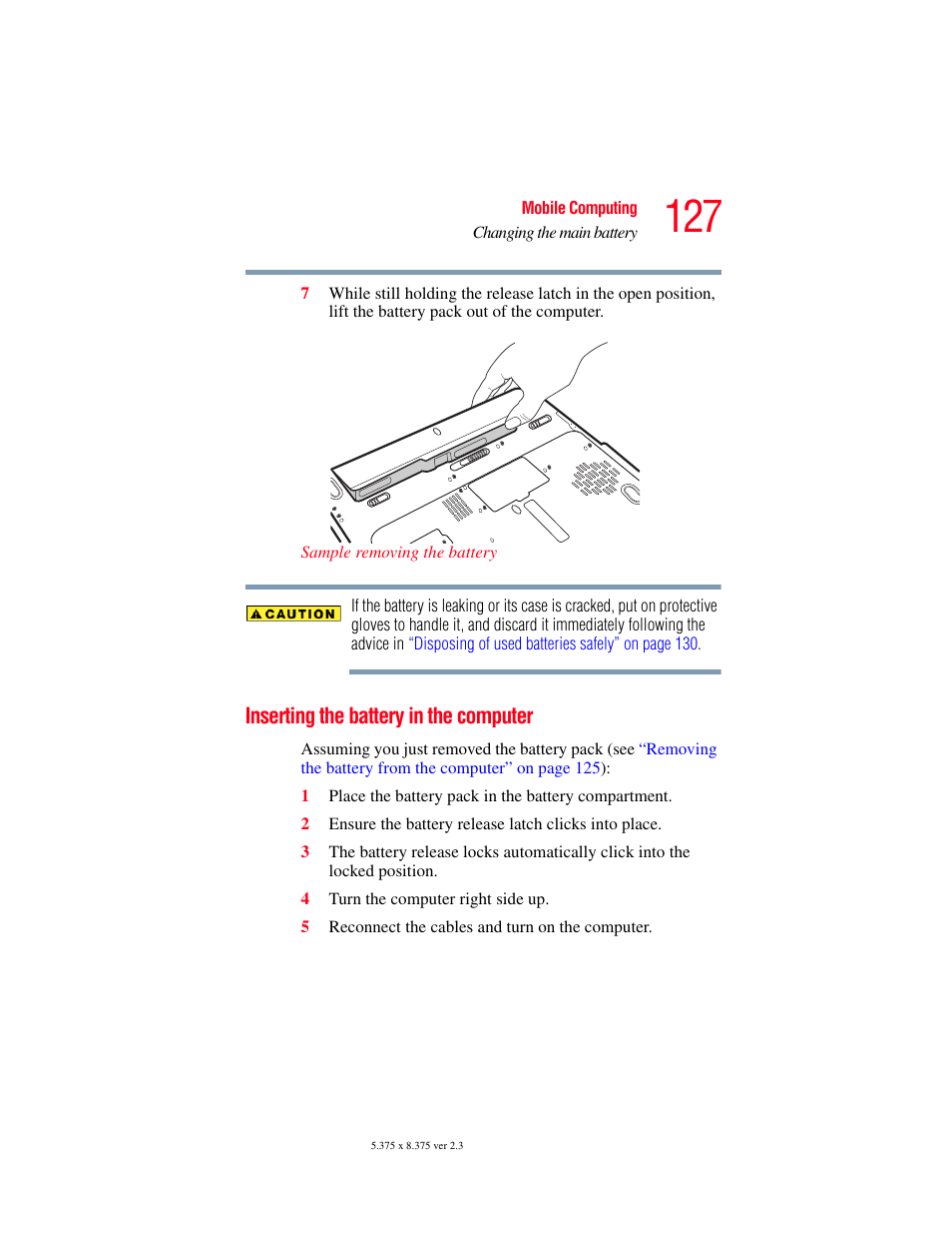 Inserting the battery in the computer | Toshiba SATELLITE A60 User Manual | Page 127 / 242