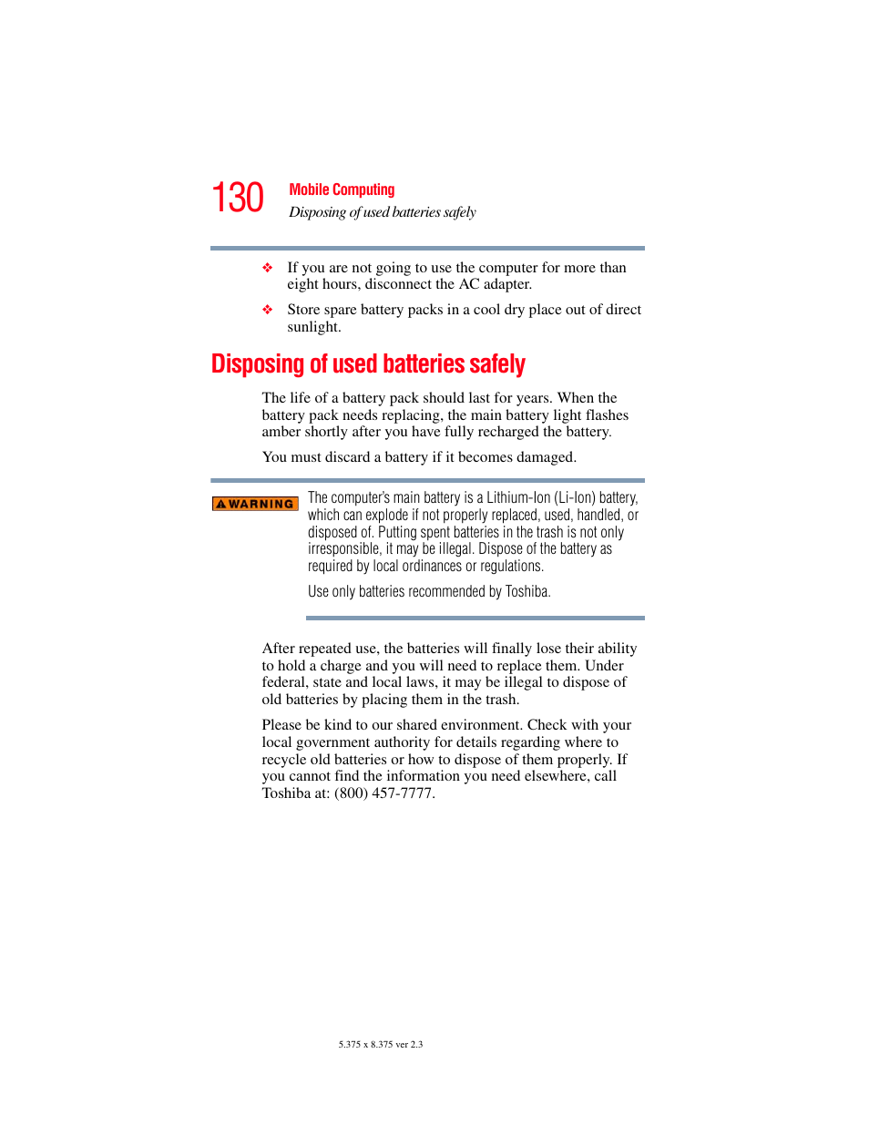 Disposing of used batteries safely | Toshiba SATELLITE A60 User Manual | Page 130 / 242
