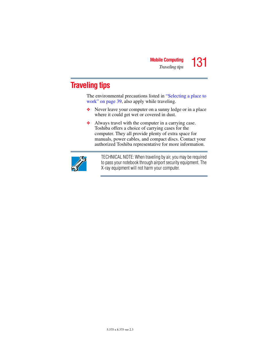 Traveling tips | Toshiba SATELLITE A60 User Manual | Page 131 / 242