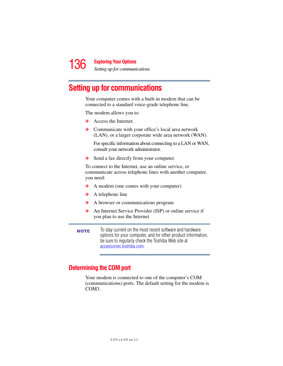 Setting up for communications, Determining the com port | Toshiba SATELLITE A60 User Manual | Page 136 / 242