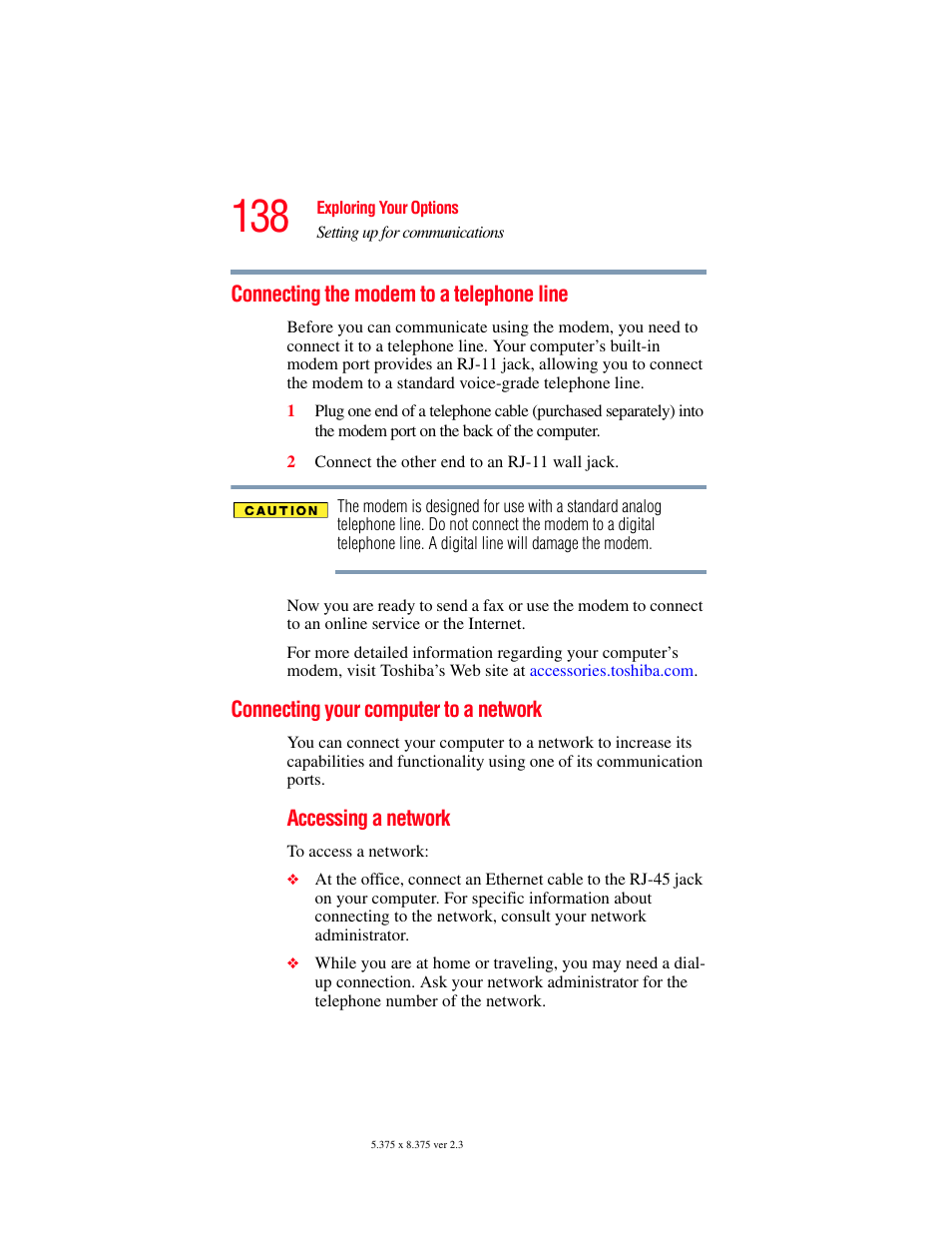 Connecting the modem to a telephone line, Connecting your computer to a network | Toshiba SATELLITE A60 User Manual | Page 138 / 242