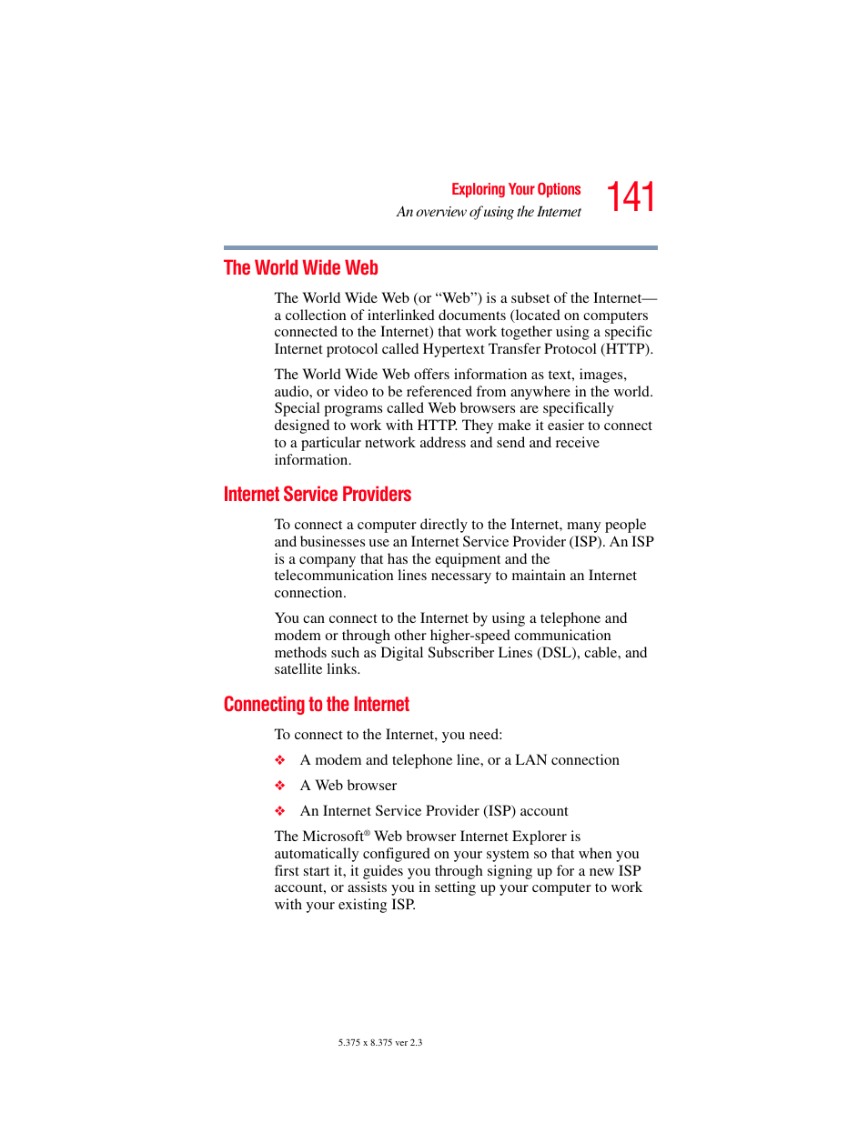 The world wide web, Internet service providers, Connecting to the internet | Toshiba SATELLITE A60 User Manual | Page 141 / 242