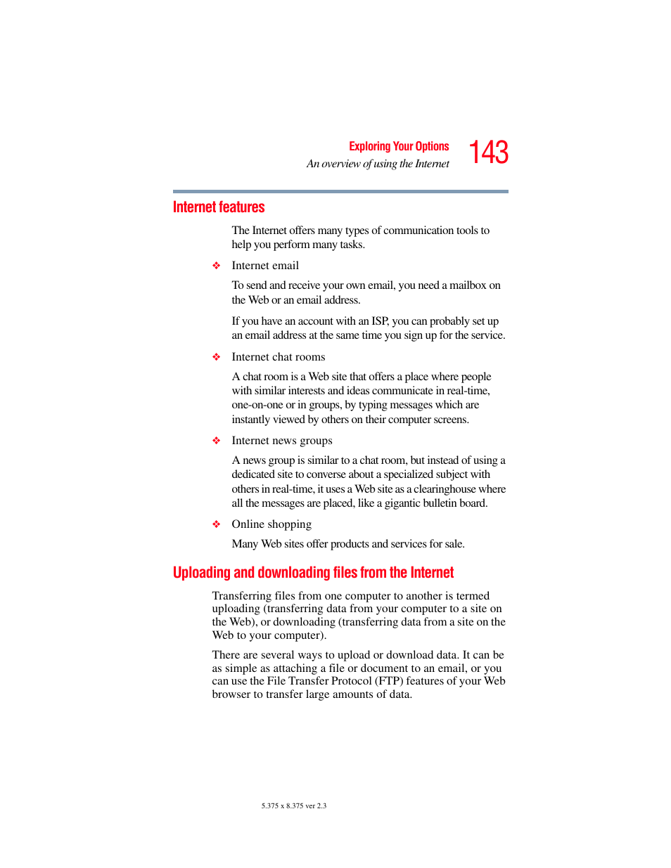 Internet features, Uploading and downloading files from the internet, Internet | Toshiba SATELLITE A60 User Manual | Page 143 / 242