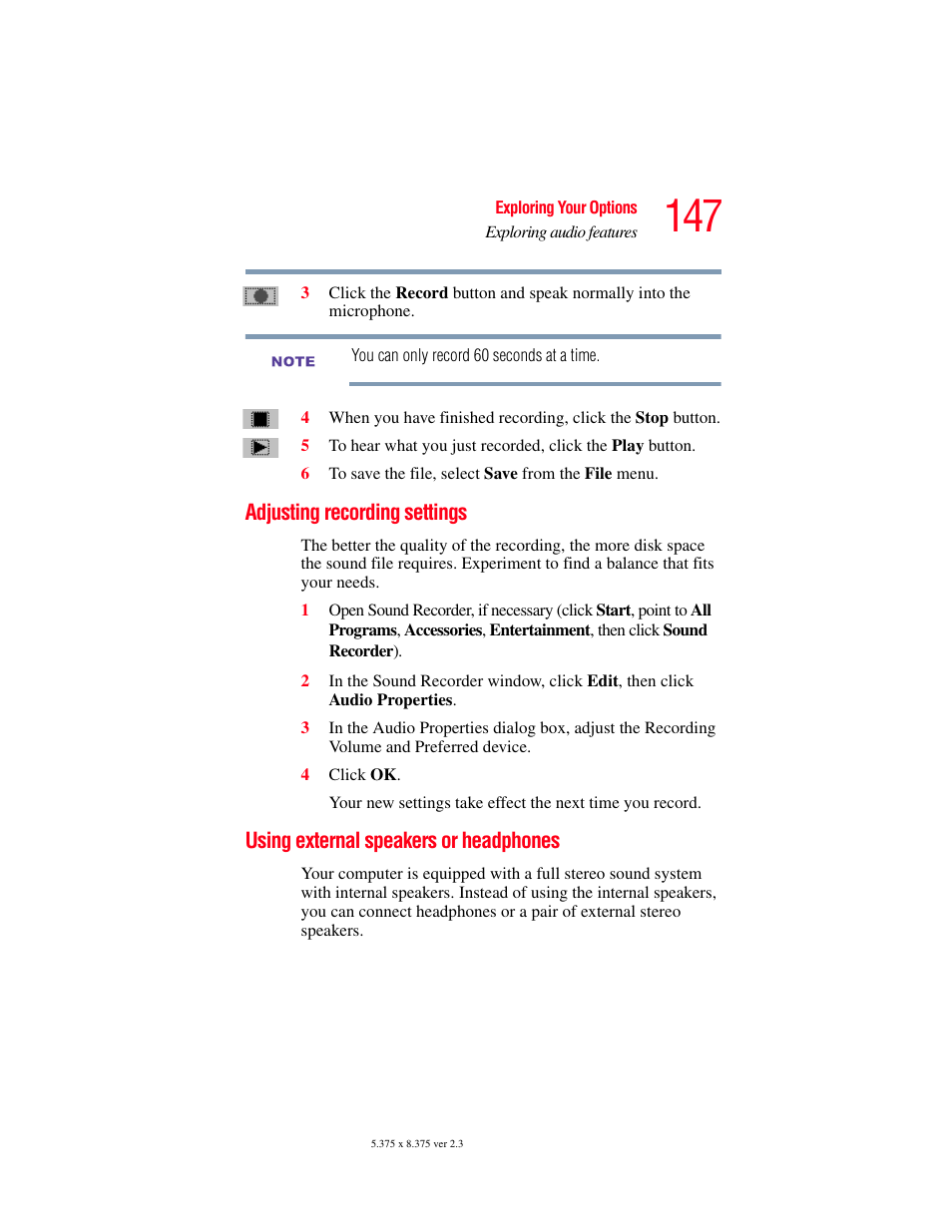 Adjusting recording settings, Using external speakers or headphones | Toshiba SATELLITE A60 User Manual | Page 147 / 242